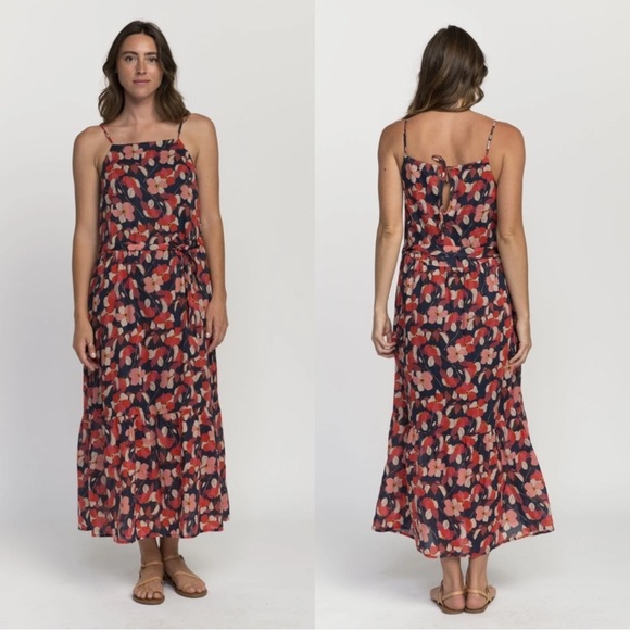 Trovata Cecile Square Neck Maxi Dress Navy Floral Print Ramie Cotton - Picture 1 of 7